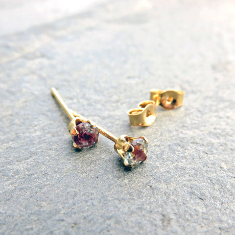 Tiny 14k Gold Alexandrite Earrings, 3mm Full Color Change Lab Grown Alexandrite Studs, Solid 14k June Birthstone Earrings, Faceted Round