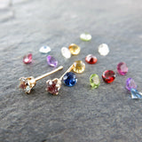 Tiny 14k Gold Birthstone Earrings - Choose Your Stone: Solid 14k Gold 3mm Faceted Gemstone Studs, Sapphire, Ruby, Emerald, Aquamarine, &c.
