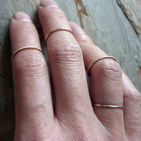 Tiny Solid 14k Gold Thread Micro Knuckle Ring for Midfinger in Choice of Finish - Hammered, Brushed Matte, or Smooth Midi Ring - 1mm Band