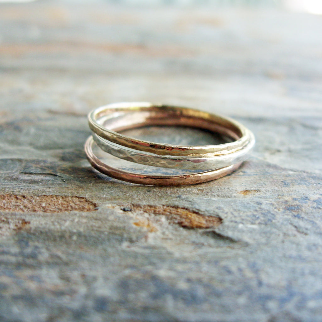 Tri-Color Hammered Gold Stacking Rings - Thin Rose, Yellow, and White Gold Bands