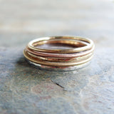 Mixed Set of 5 Tri-Color Thin Gold Stacking Rings in Mixed Textures - Solid 14k Rose, Yellow, and White Gold Bands