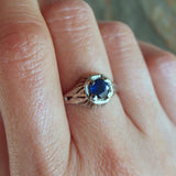 Vintage Sapphire Ring - Art Deco Engagement Ring in 14k White Gold with Solitaire, Filigree, Leaf Motif - Sz 6.25 - September Birthstone