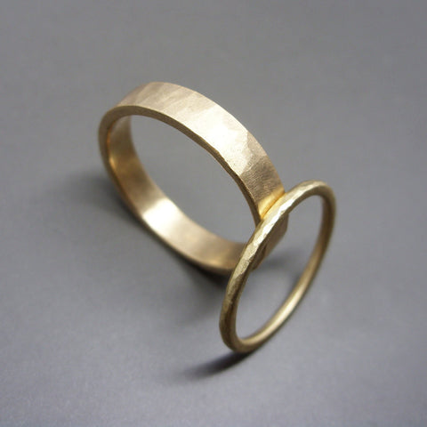 Hammered Matching Wedding Band Set in 14k Yellow or Rose Gold