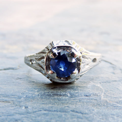 Vintage Sapphire Ring - Art Deco Engagement Ring in 14k White Gold with Solitaire, Filigree, Leaf Motif - Sz 6.25 - September Birthstone